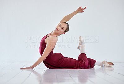 Buy stock photo Woman, ballet and performance in studio portrait, learning dance and practice rehearsal in elegant dress. Person, dancer and professional for choreography, theatre training and creative art on floor