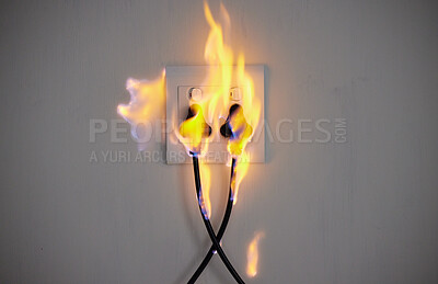 Buy stock photo Electricity, fire and socket on wall of home with space for accident, connection or emergency. Cable, flame or insurance and plug in apartment for danger, power or safety with electrical current