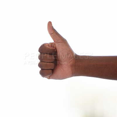 Buy stock photo Sign language, hand or person with thumbs up with icon or expression isolated on white background. Mockup space, congratulations or gesture for great review, like emoji or good news with okay symbol