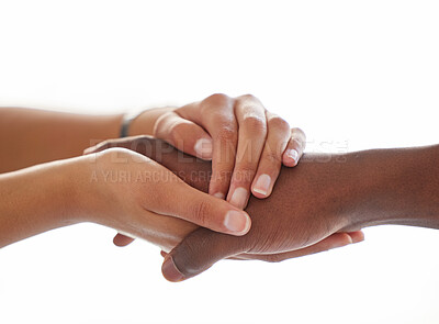Buy stock photo Help, comfort and people holding hands in support of love, empathy and understanding on white background. Hand, hope and person with trust comforting for bad news, diagnosis or cancer and depression