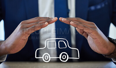 Buy stock photo Shot of an unrecognisable businessman’s hands covering an illustration of a car