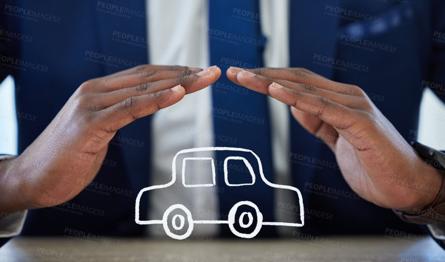 Buy stock photo Shot of an unrecognisable businessman’s hands covering an illustration of a car