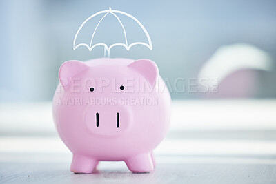 Buy stock photo Piggy bank, container and savings on table in home for income insurance for to financial security. Animal, box and investing with cash, coins and umbrella sign with growth for future goals in house