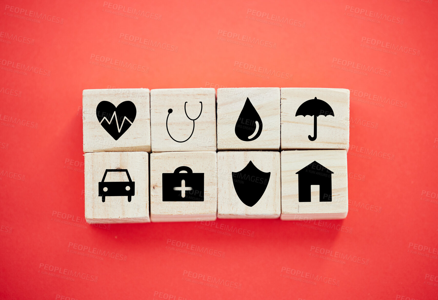 Buy stock photo Insurance, building blocks and service by background with icon for assets, health and car in studio. Puzzle, umbrella and wood toys with house, protection and risk cover for real estate at company