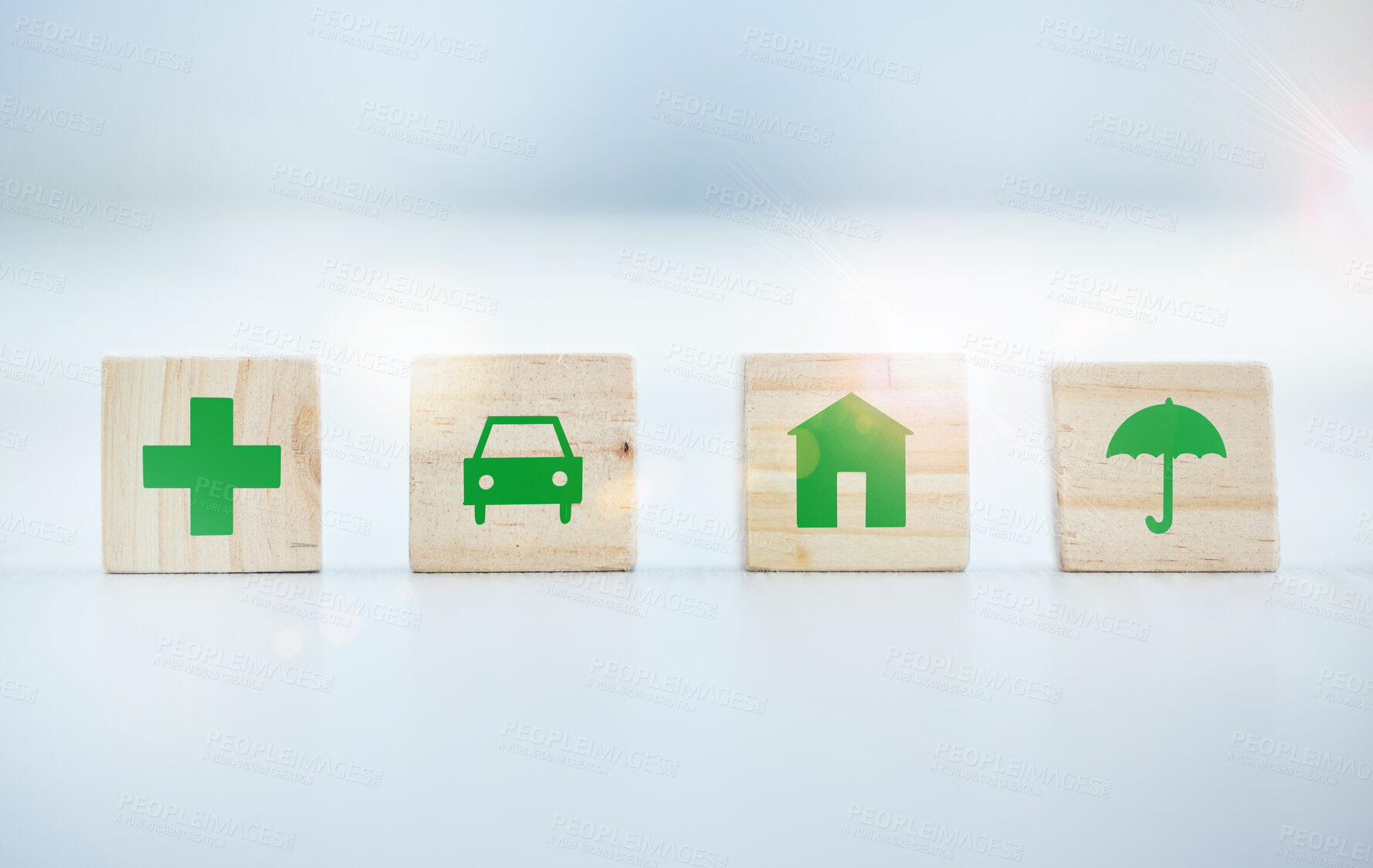 Buy stock photo Wooden blocks, icons and insurance with symbol for future plan, life cover or financial stability in studio. Plus, vehicle and house with sign of assets for safety, investment or assurance on mockup