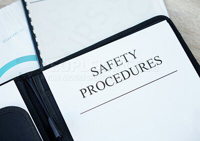 Buy stock photo Documents, work safety and procedures with policy for emergency guidelines, health or compliance closeup. Paper, protection and rules on desk for instruction, security report or accident prevention