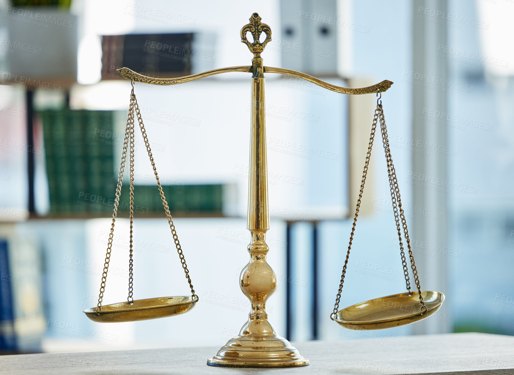 Buy stock photo Background, legal office and law scales on table of judge, attorney or lawyer. Justice, equality and human rights for financial, investment or economy growth with banking or accounting court balance