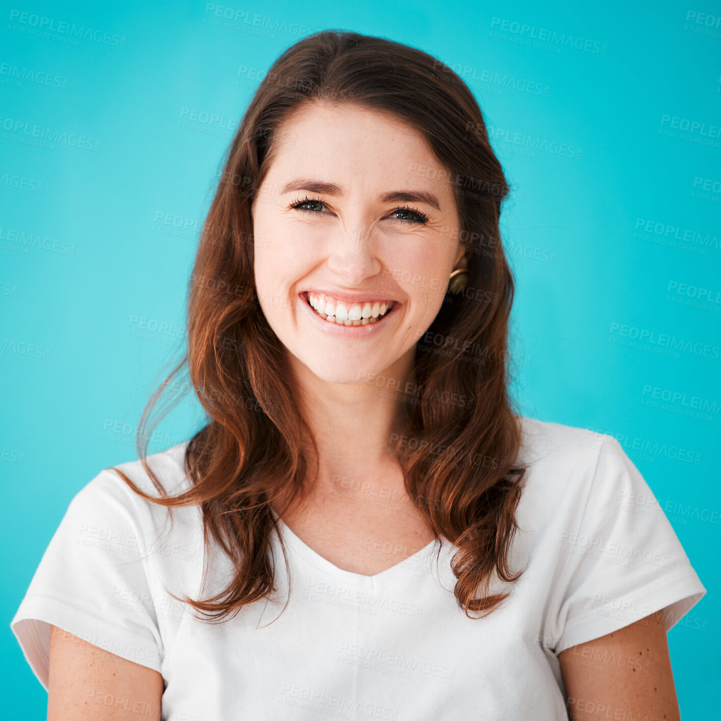 Buy stock photo Portrait, satisfaction and smile with woman on blue background for dental care or hygiene. Excited, face or wellness with happy person isolated in studio for teeth whitening and oral treatment