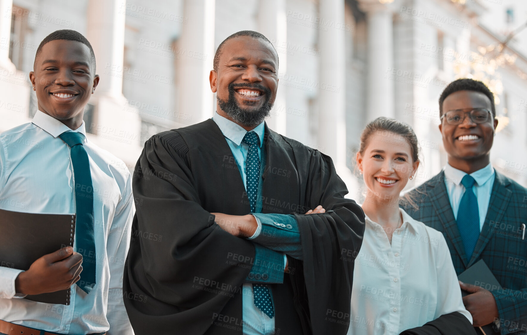 Buy stock photo Portrait, group or lawyers in city with arms crossed, smile or service for court case or legal justice. Diversity, leadership or proud attorneys in urban town with confidence or teamwork by building