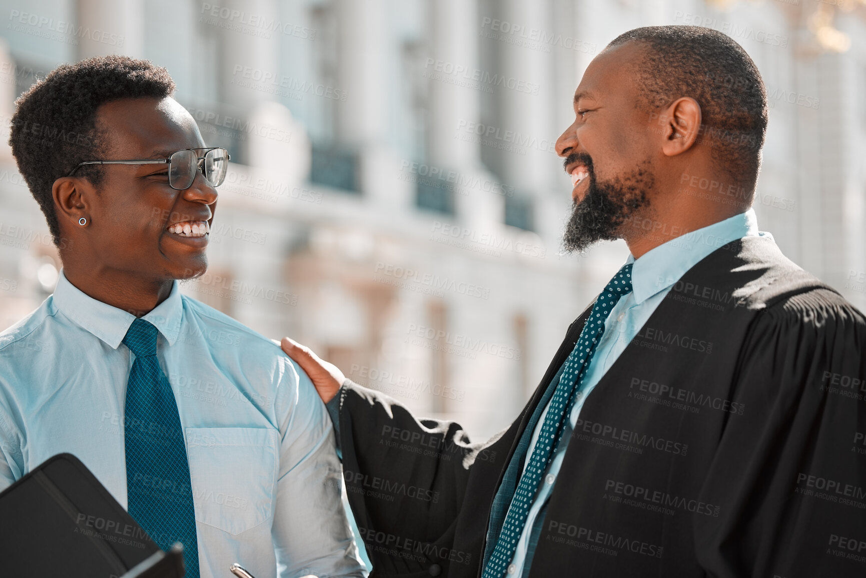 Buy stock photo Meeting, black people or lawyer in city with businessman, mentor or rights for court case or legal justice. Good news, leadership and happy attorney in urban town with smile or victory in Nigeria