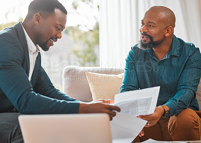 Buy stock photo Broker, contract and man in a house with a client for meeting or consultation for advice. Financial advisor with a black person to talk investment, savings plan or budget and home insurance on paper