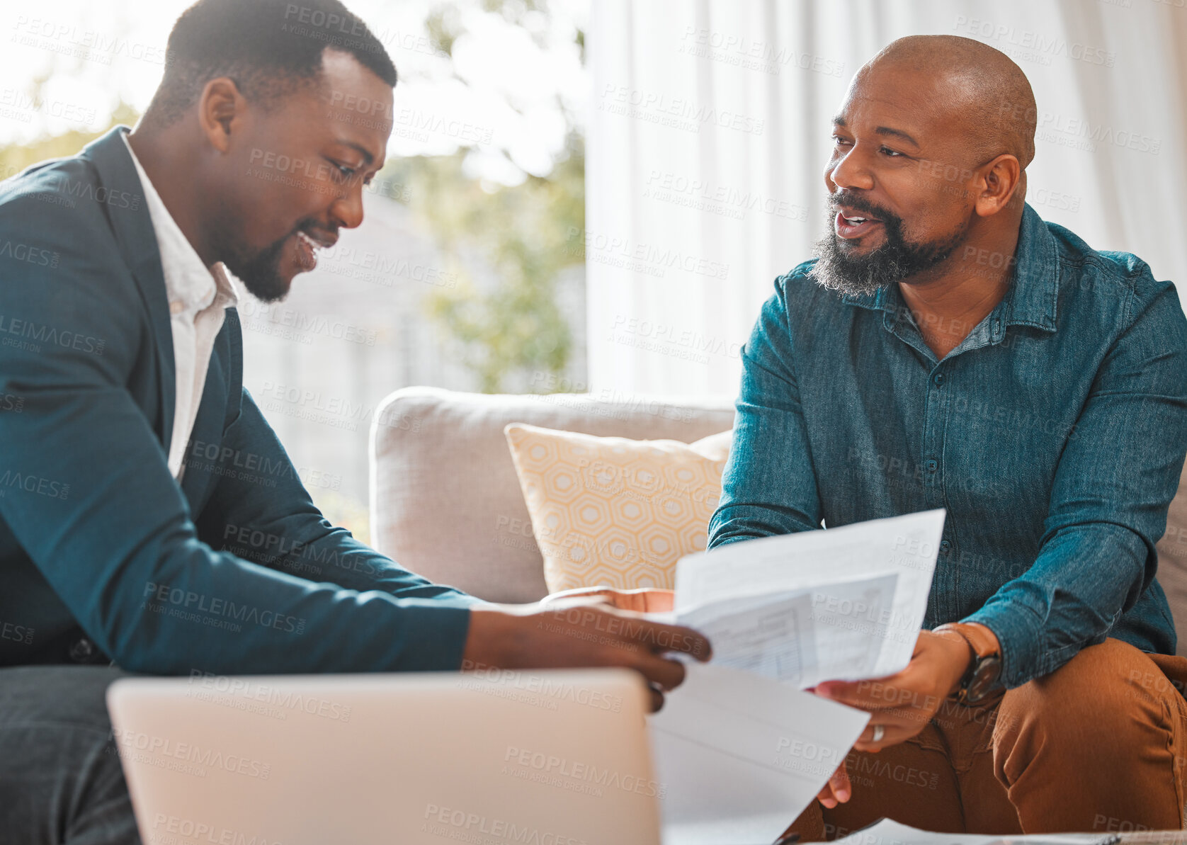 Buy stock photo Broker, contract and man in a house with a client for meeting or consultation for advice. Financial advisor with a black person to talk investment, savings plan or budget and home insurance on paper