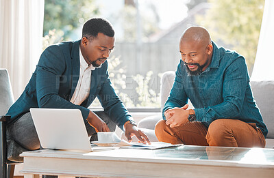 Buy stock photo Broker, contract and talking to man in a house for meeting or consultation for advice. Financial advisor with a client or black person for investment, savings or budget and insurance plan on paper