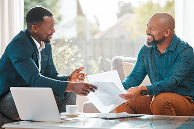 Buy stock photo Contract, broker and man in a house talking to a client for meeting or consultation for advice. Black person and financial advisor explaining investment, savings plan or budget and insurance on paper