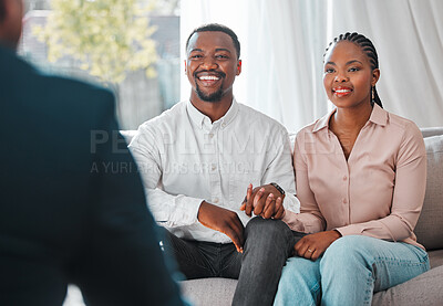 Buy stock photo Broker, couple and talking in a house for a meeting or consultation for mortgage advice. Financial advisor with a happy black man and woman to explain investment, savings plan or budget and insurance