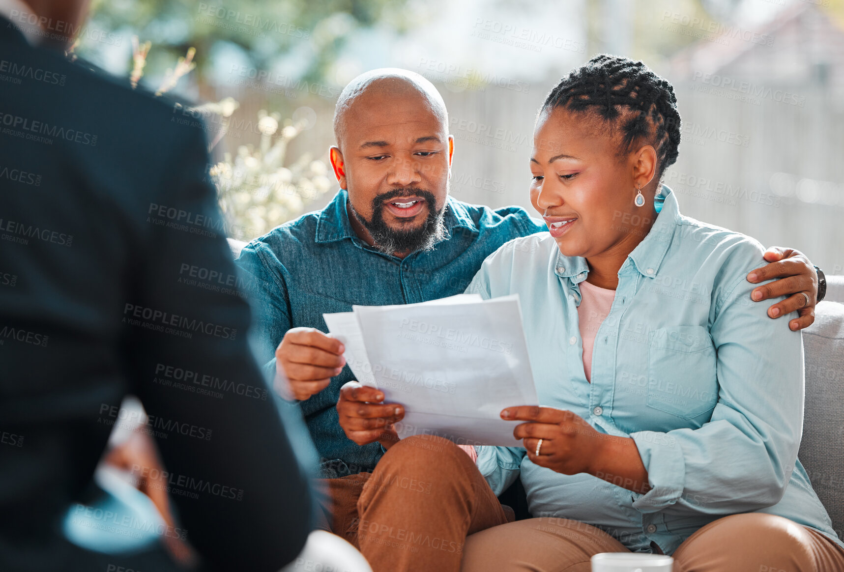 Buy stock photo Happy couple, broker and contract in a house for a meeting or consultation for retirement advice. Financial advisor, black man and woman for investment, savings plan or pension and insurance paper