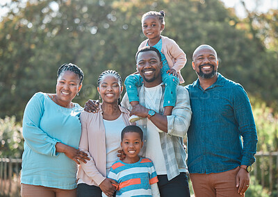 Buy stock photo Generations, black family and happy in backyard on portrait for gathering, visit and bonding in Uganda. People, love and support with smile in confidence for care, trust and unity on break at home