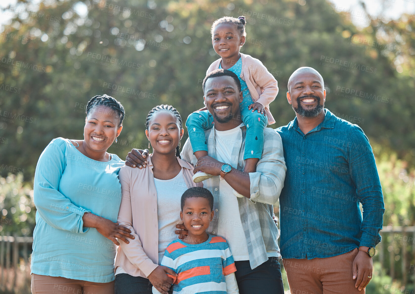 Buy stock photo Generations, black family and happy in backyard on portrait for gathering, visit and bonding in Uganda. People, love and support with smile in confidence for care, trust and unity on break at home