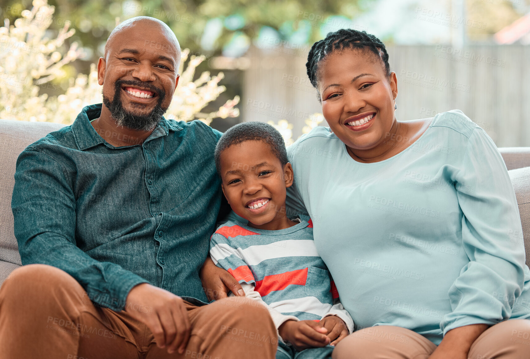 Buy stock photo Portrait, happy black family and kid with grandparents on sofa at home for love, care or people bonding. African child, face and grandmother smile with grandfather for support of generations together