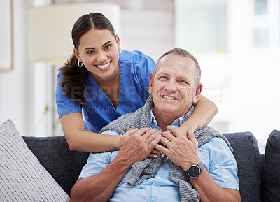 Buy stock photo Senior man, caregiver and hug in home for kindness, support and help on sofa in lounge together. Elderly care, nurse and portrait in nursing house for companion, homecare and healthcare with empathy