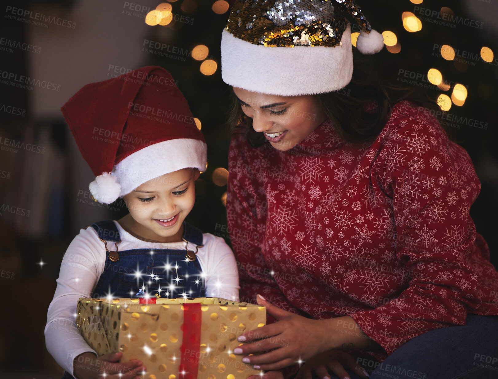 Buy stock photo Christmas, mother and girl with gift, house and bonding together with festive season, smile and holiday. Xmas, family and parent with mama, daughter and present with love, vacation and celebration