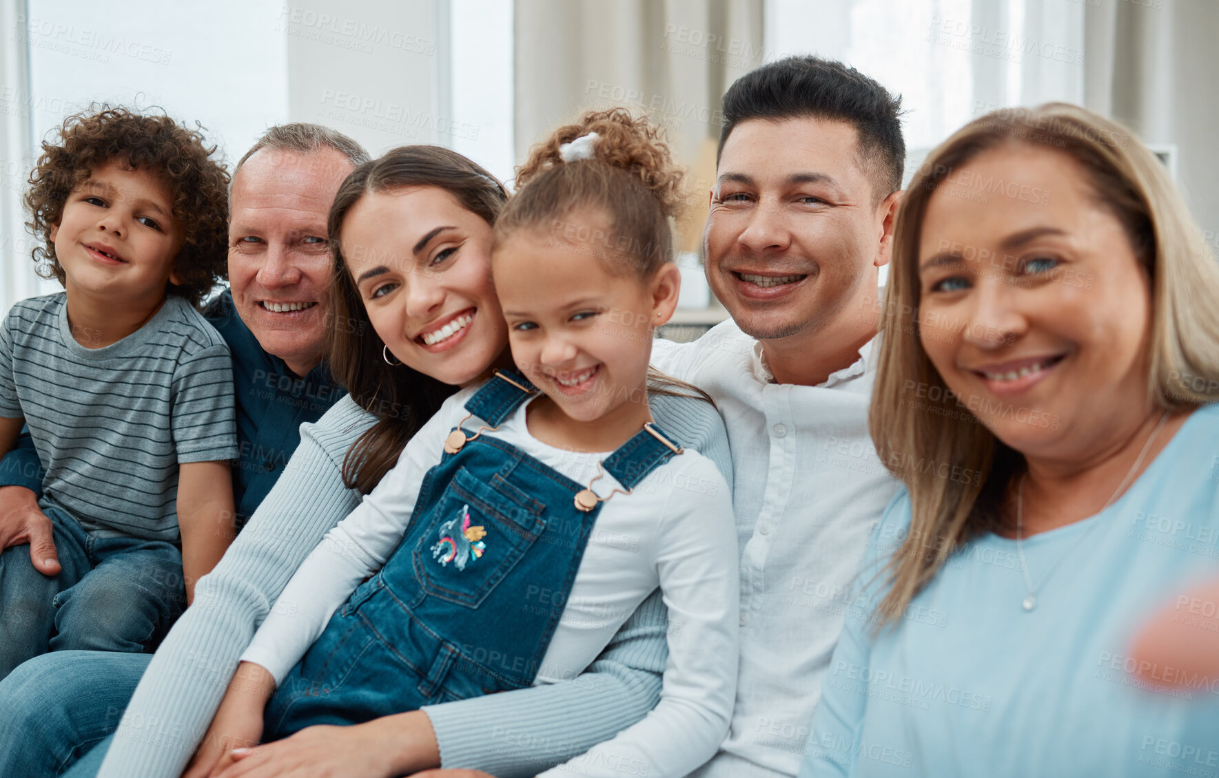 Buy stock photo Family, selfie and home with happy parents, kids and grandparents together with love and care. Portrait, living room and picture for social media post and update with smile and bonding on weekend