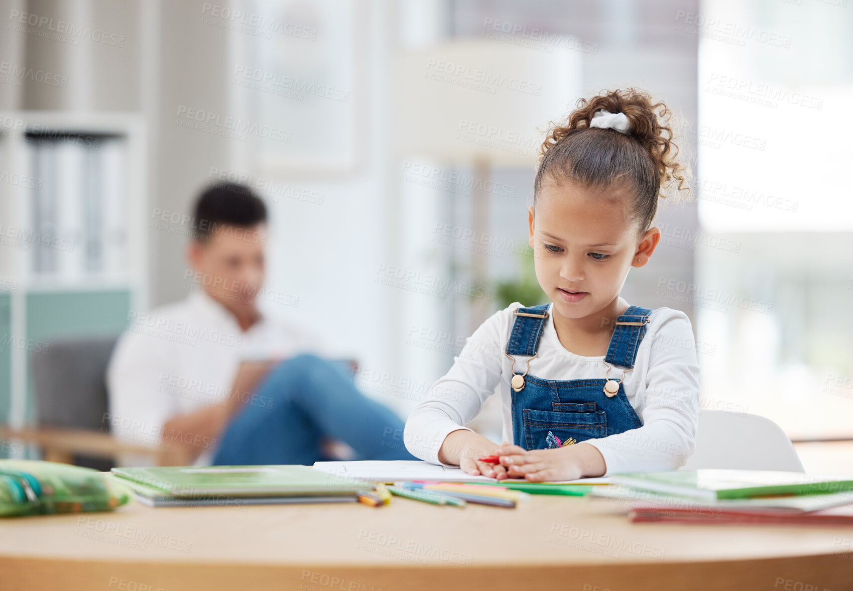 Buy stock photo Young girl, homework and drawing with assignment for project, learning or home schooling on table. Child, kid or kindergarden student with sketchbook or colors for education, skill or talent at house