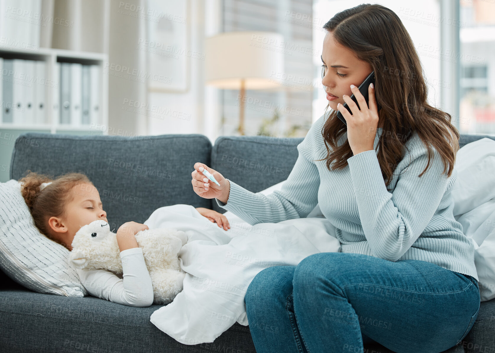 Buy stock photo Phone call, sick kid and mother with thermometer in home to check temperature for mpox virus. Mobile, worried mom and girl with disease and telehealth chat for symptoms, healthcare advice and help