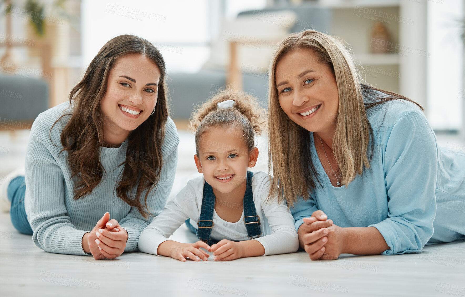 Buy stock photo Future, growth and portrait with happy family on floor of living room in home together for bonding. Generations, love or smile with girl, parent and senior woman in apartment for child development