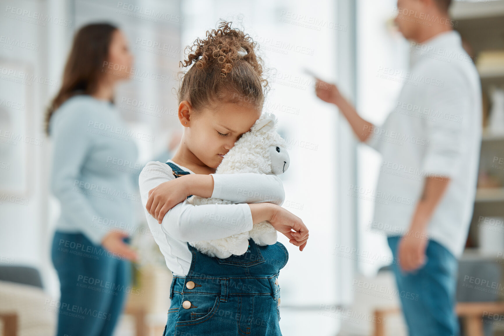 Buy stock photo Sad, girl and parents with argument, home and emotion with divorce, fighting and stress. Apartment, mother or father with family, daughter or toy with anxiety, depression or ignore with mental health