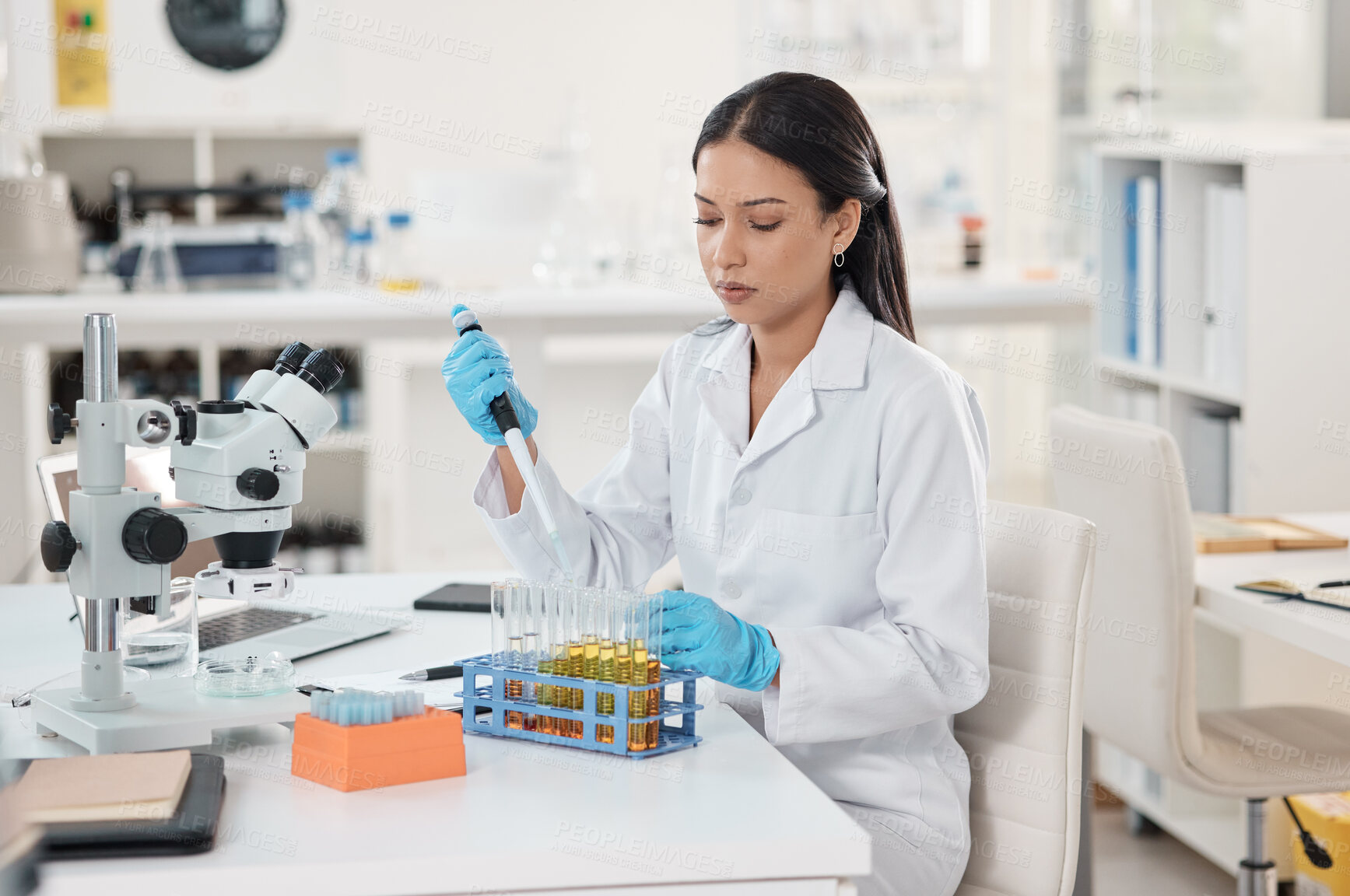 Buy stock photo Science, medical vial and microscope research for DNA study with virus analysis with chemistry. Woman, scientist and ppe for protection with testing and experiment for forensic laboratory work