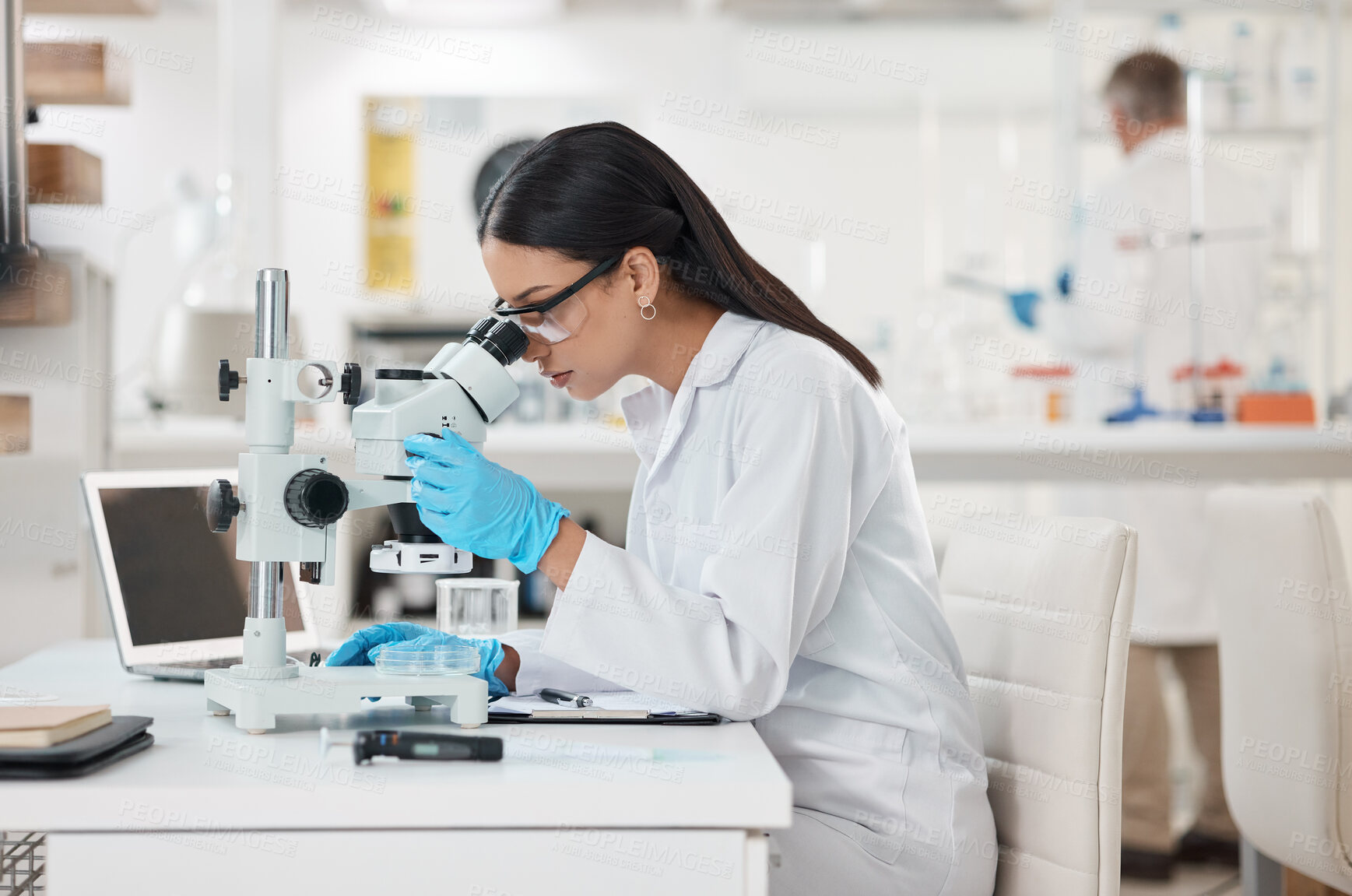 Buy stock photo Shot of a young scientist using a microscope in a lab