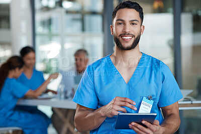 Buy stock photo Hospital, doctor and portrait of man on tablet for medical analysis, research and report in meeting. Healthcare, clinic and male nurse on digital tech for wellness app, online consulting and service