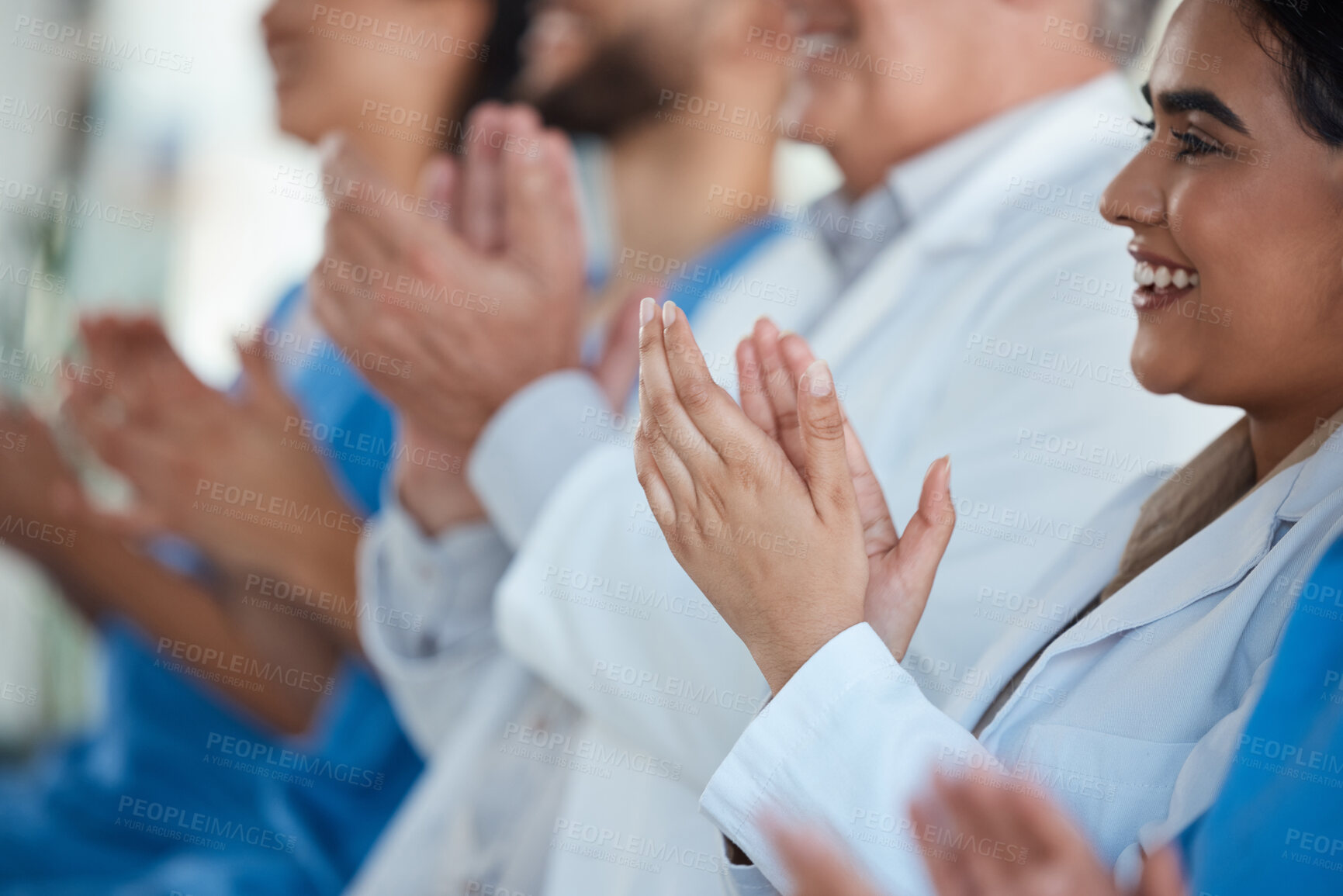 Buy stock photo Conference, medial team and smile with applause on presentation for well done and good job. People, row and happy as healthcare profession with clapping hands at seminar for success and achievement