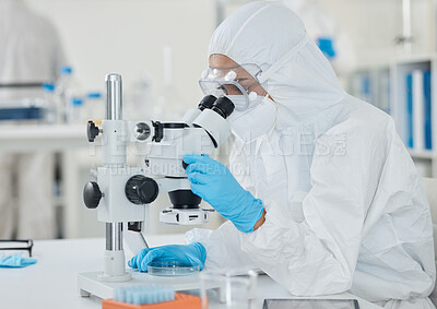 Buy stock photo Microscope, ppe and scientist checking bacteria, test results or pharmaceutical innovation with mask. Safety, person or lab technician at desk in virus research, medical danger or vaccine development