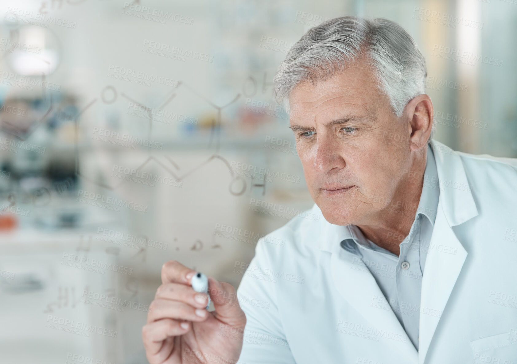 Buy stock photo Man, scientist and equations on glass in lab for problem solving, medical planning and science experiment. Mature, researcher and writing for molecule process, healthcare formula and vaccine solution