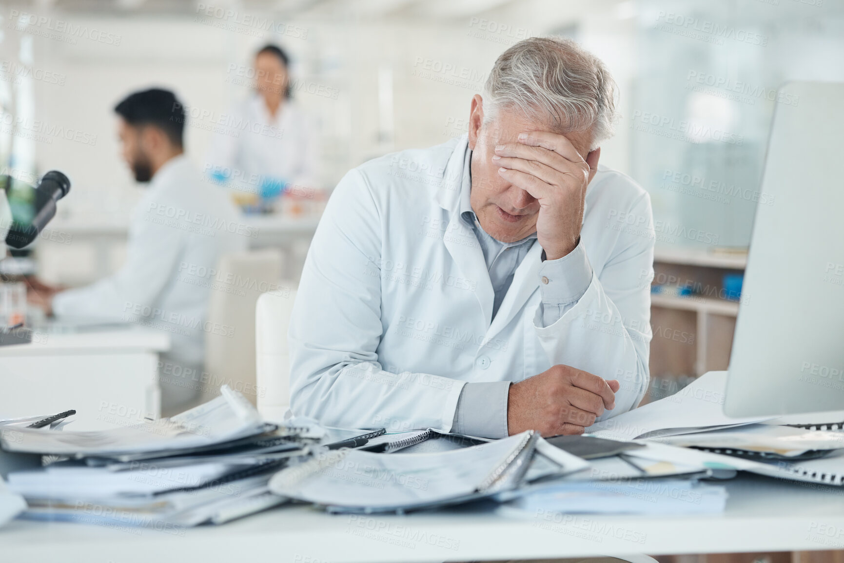 Buy stock photo Science, stress and mature man in laboratory with documents for medical analysis, research and study. Healthcare, biotechnology and scientist with paperwork for burnout, fatigue and frustrated