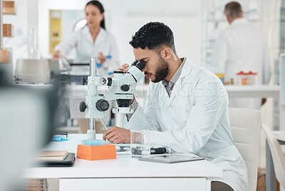 Buy stock photo Man, scientist and check with microscope in lab with disease experiment, medical study and dna process. Researcher, biotech and molecule exam for engineering, vaccine research and healthcare solution