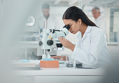 Buy stock photo Scientist, woman and check with microscope in lab for disease experiment, medical study and dna process. Researcher, biotech and molecule exam of engineering, vaccine research and healthcare solution