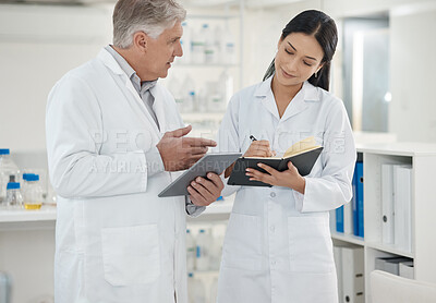 Buy stock photo Scientist, woman and writing in notebook in lab of disease experiment, medical study and dna process. Researcher, people and molecule research for engineering, vaccine results and healthcare solution