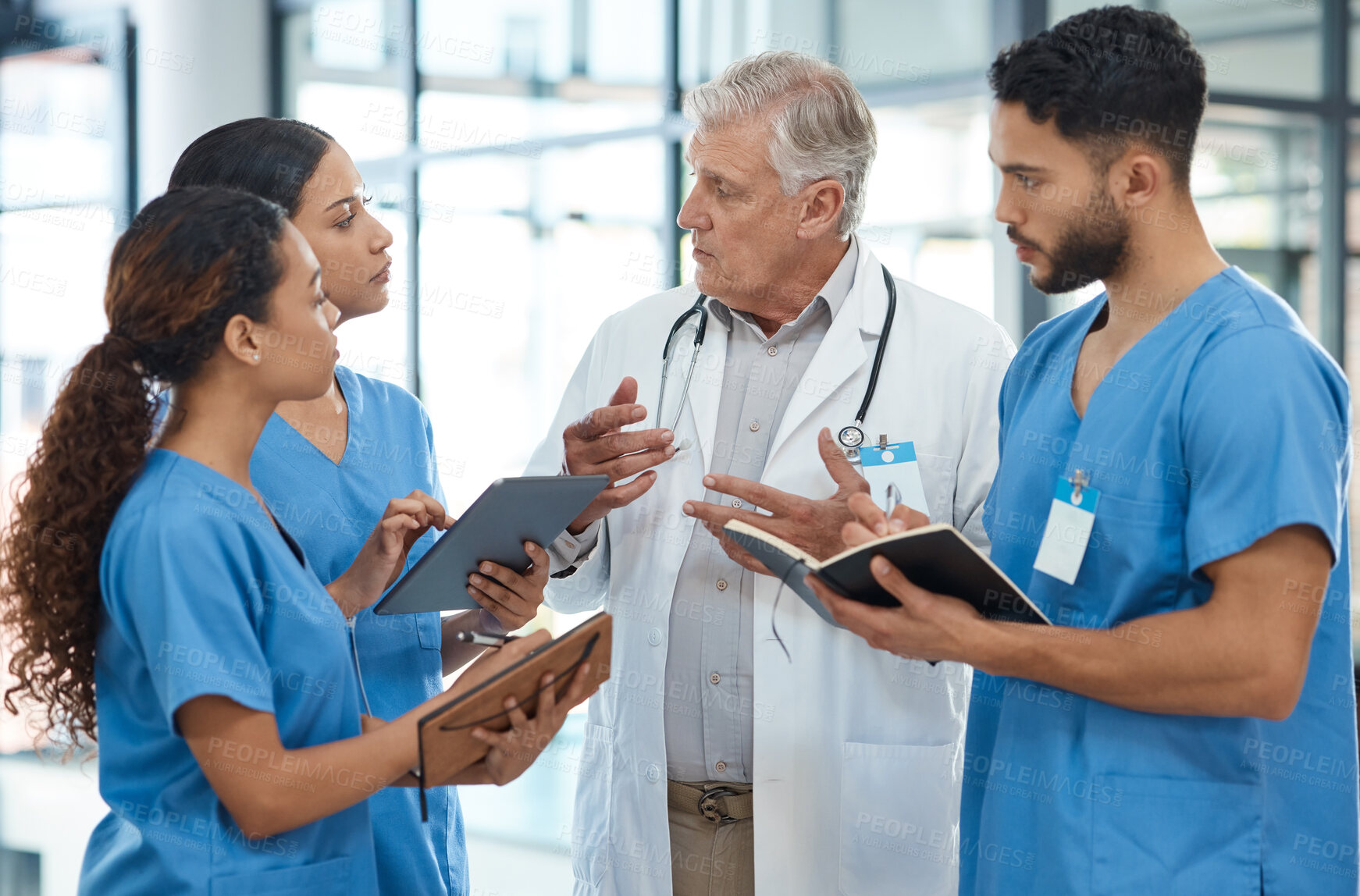 Buy stock photo Doctor, people and tablet with discussion in hospital for healthcare schedule, planning surgery and feedback. Group, teamwork and digital research for medical advice, checklist and report information