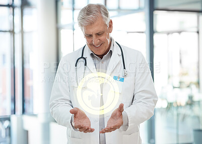 Buy stock photo Shot of a mature doctor holding a image of a fetus in a hospital