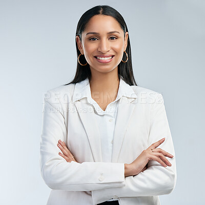 Buy stock photo Smile, portrait and businesswoman with arms crossed in studio, investor and professional career with pride. Corporate, female trader and confidence for finance management, happy and white background