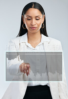 Buy stock photo Business, woman and hologram of chart in studio for stock market, interactive and trading. Future, fingerprint and trader or financial advisor with virtual graphs and biometrics by white background