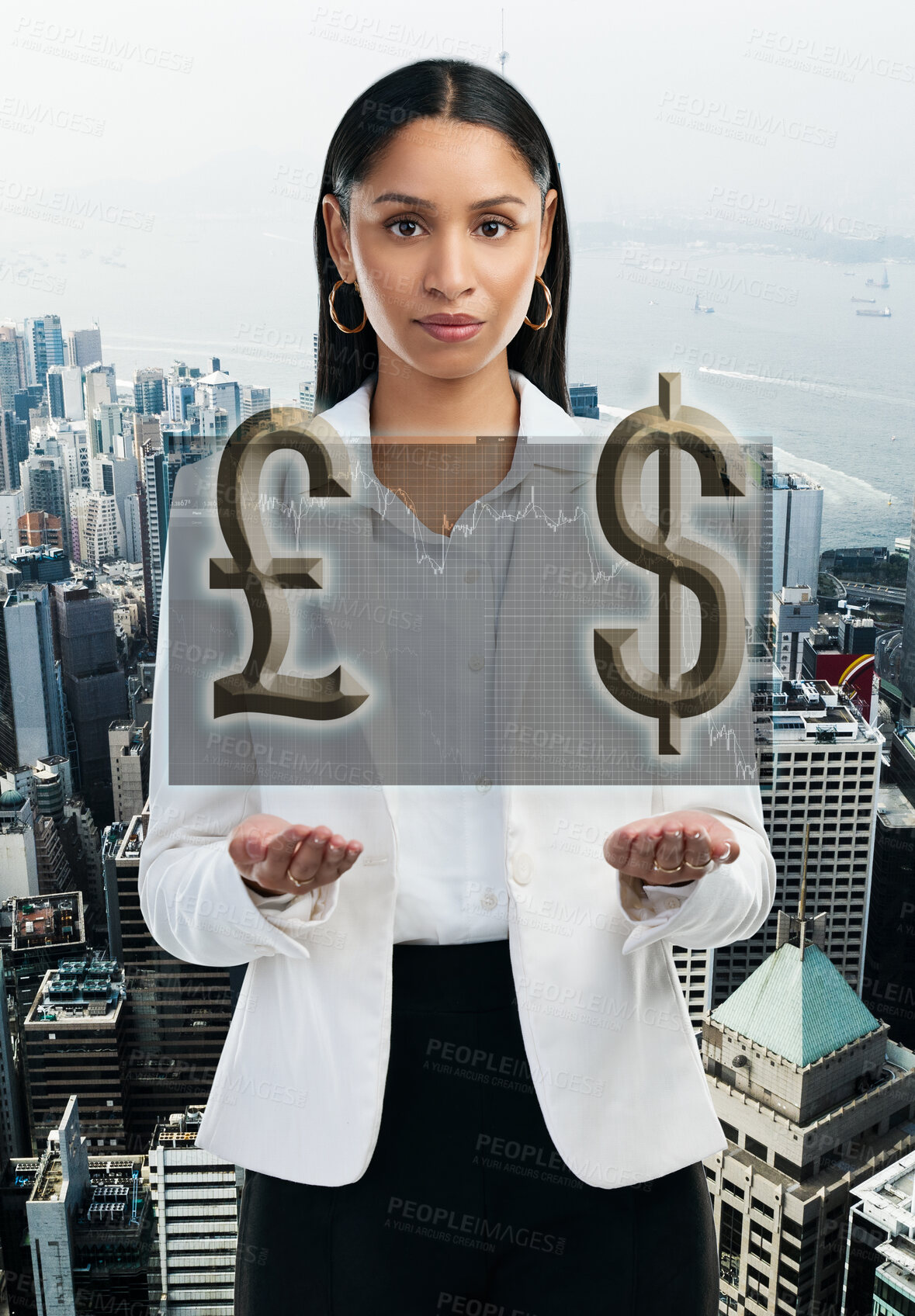 Buy stock photo Woman, portrait and trading with hologram, stock market investment and sales profit comparison for dollar and pound. Trader, currency value and city background for finance on foreign exchange overlay