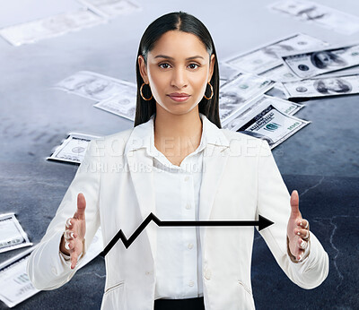 Buy stock photo Woman, portrait and graph for finance arrow, overlay and economy for investment on stock market. Female person, money and confident for trading business, cryptocurrency and manage bank accounting