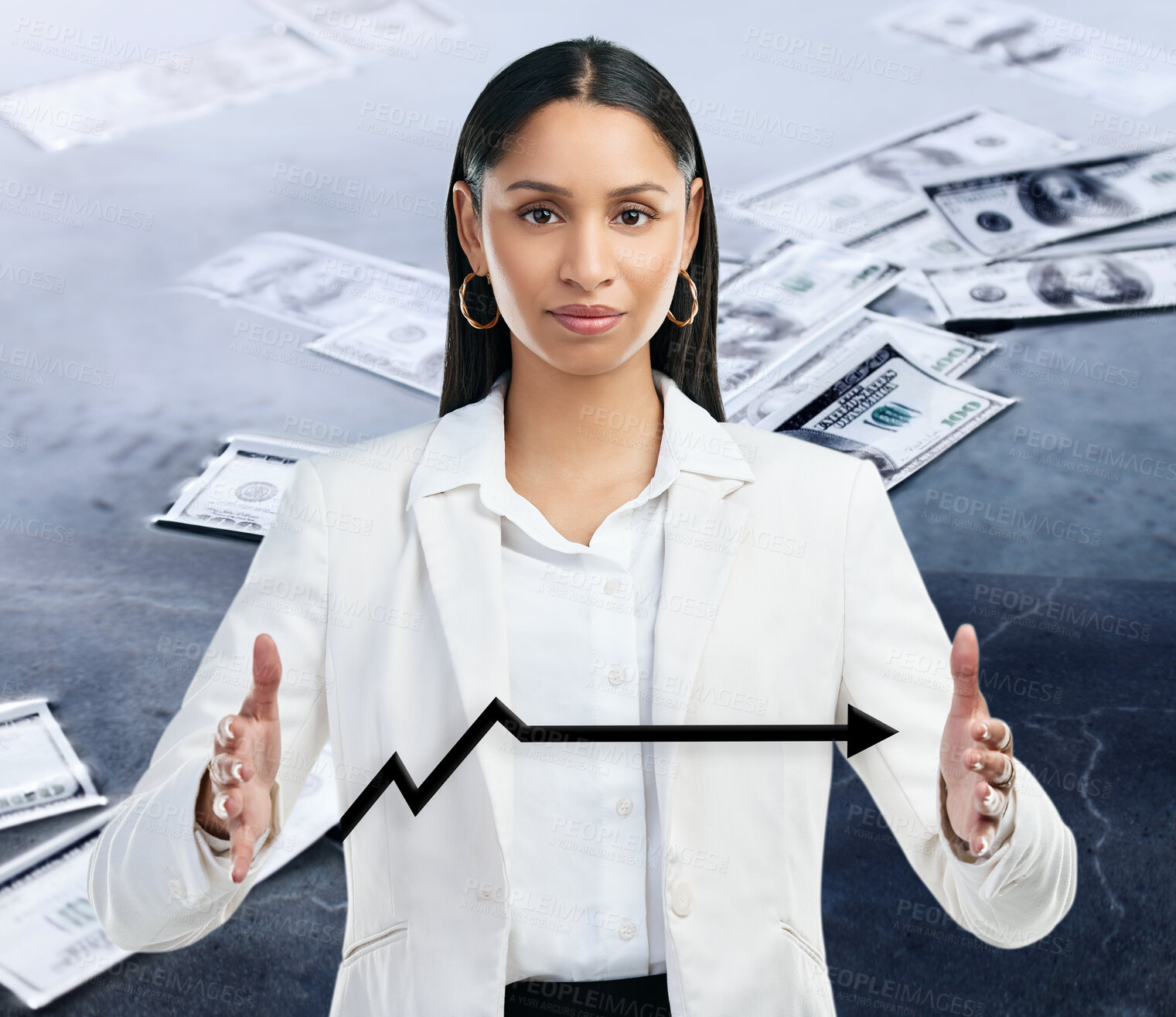 Buy stock photo Woman, portrait and graph for finance arrow, overlay and economy for investment on stock market. Female person, money and confident for trading business, cryptocurrency and manage bank accounting