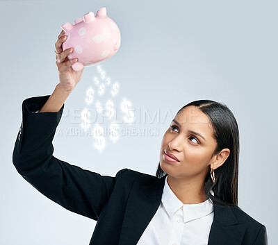 Buy stock photo Studio, debt and woman with piggy bank for financial crisis, business venture and sad for budget fail. Professional career, overlay and dollar sign for money, loss and upset by white background