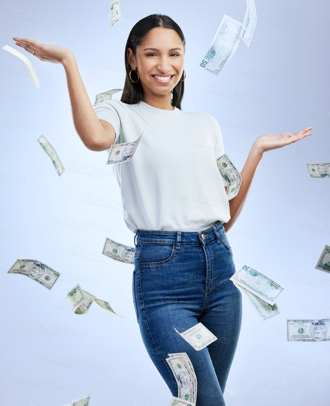 Buy stock photo Woman, studio and portrait with falling money, dollar bills and competition win or cash prize achievement. Budget, growth and savings or financial freedom, bonus and investment increase on background