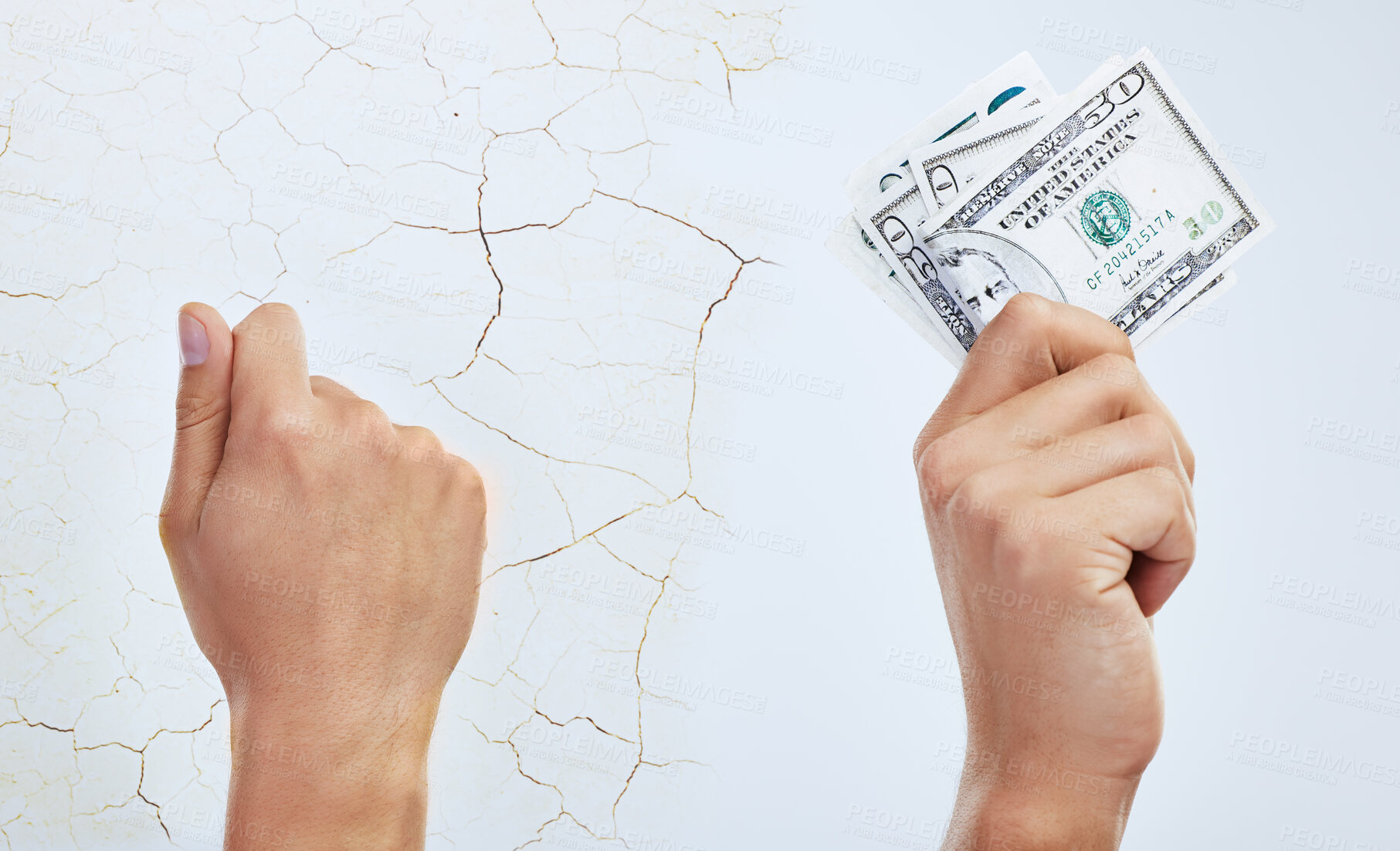 Buy stock photo Hands, money and collage of dollars for financial savings, crisis and investment fail on cracked wall. Composite, fingers and cash for debt, inflation and loan shark payment with poor person closeup